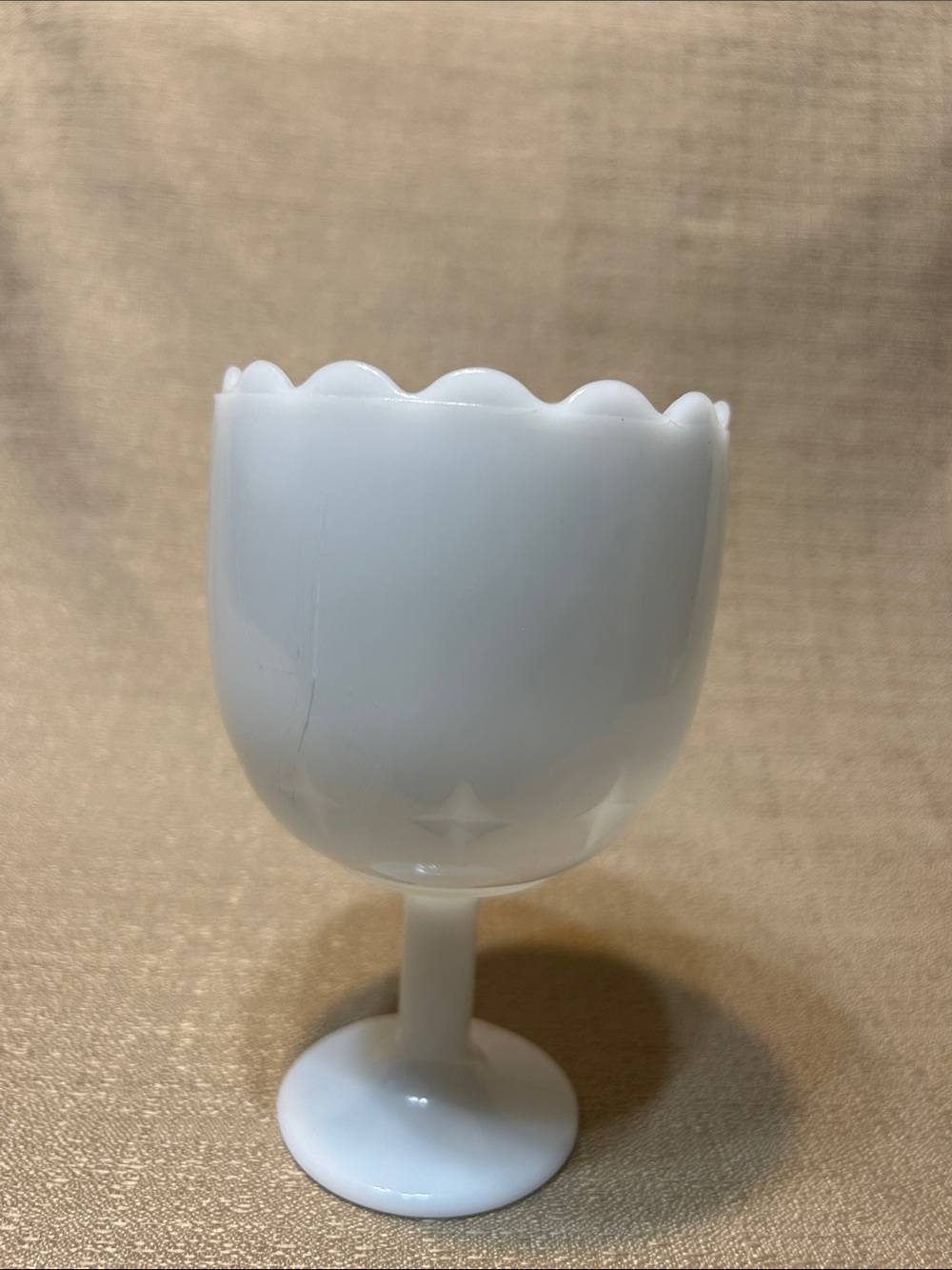 Vintage White Milk Glass Stars Indented Scalloped Rim Pedestal Goblet Vase